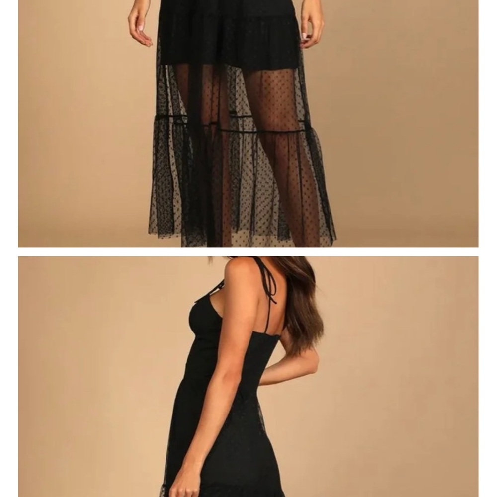 Lulu’s black dress size small- romantic black polka dot mesh tiered midi dress